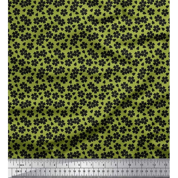 Soimoi Green Cotton Duck Fabric Black Sketch Floral Print Sewing Fabric Yard 42 Inch Wide