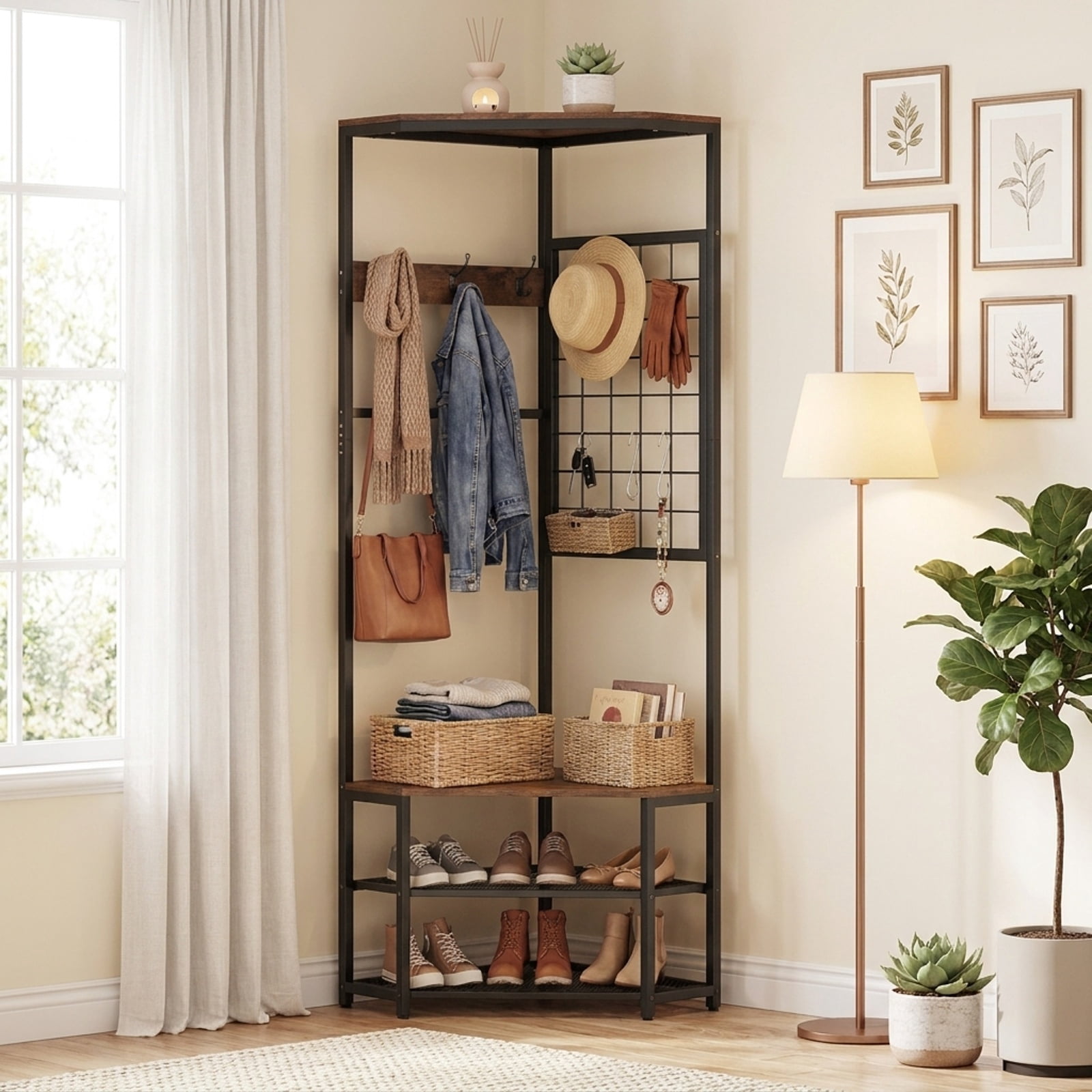 Furnibear Corner Freestanding Hall Tree Coat Rack with Storage Shelves and Removable Hooks for Entryway and Bedroom, Rustic Brown