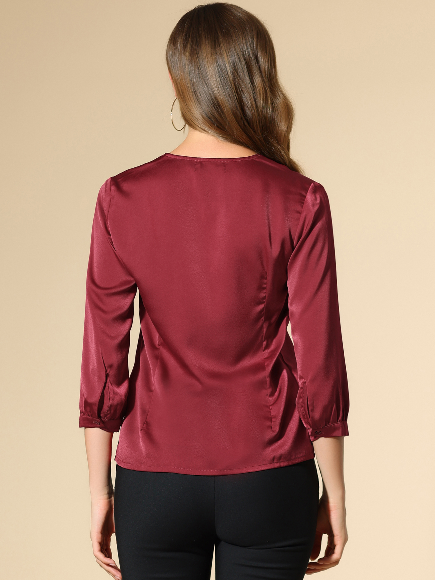 DARING DIVA Women's Satin Blouse Long Sleeve V Neck Top Shirts XS Burgundy