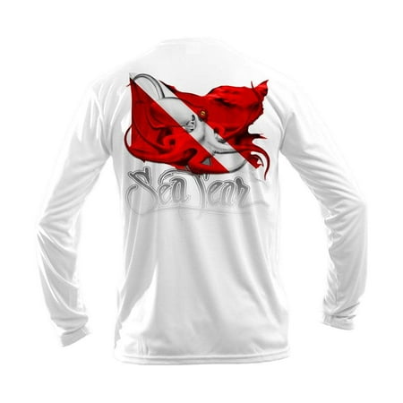 Sea Fear Men s Fishing Shirt - Octopus Dive Flag Graphic Long Sleeve Beach Shirt (White Small)