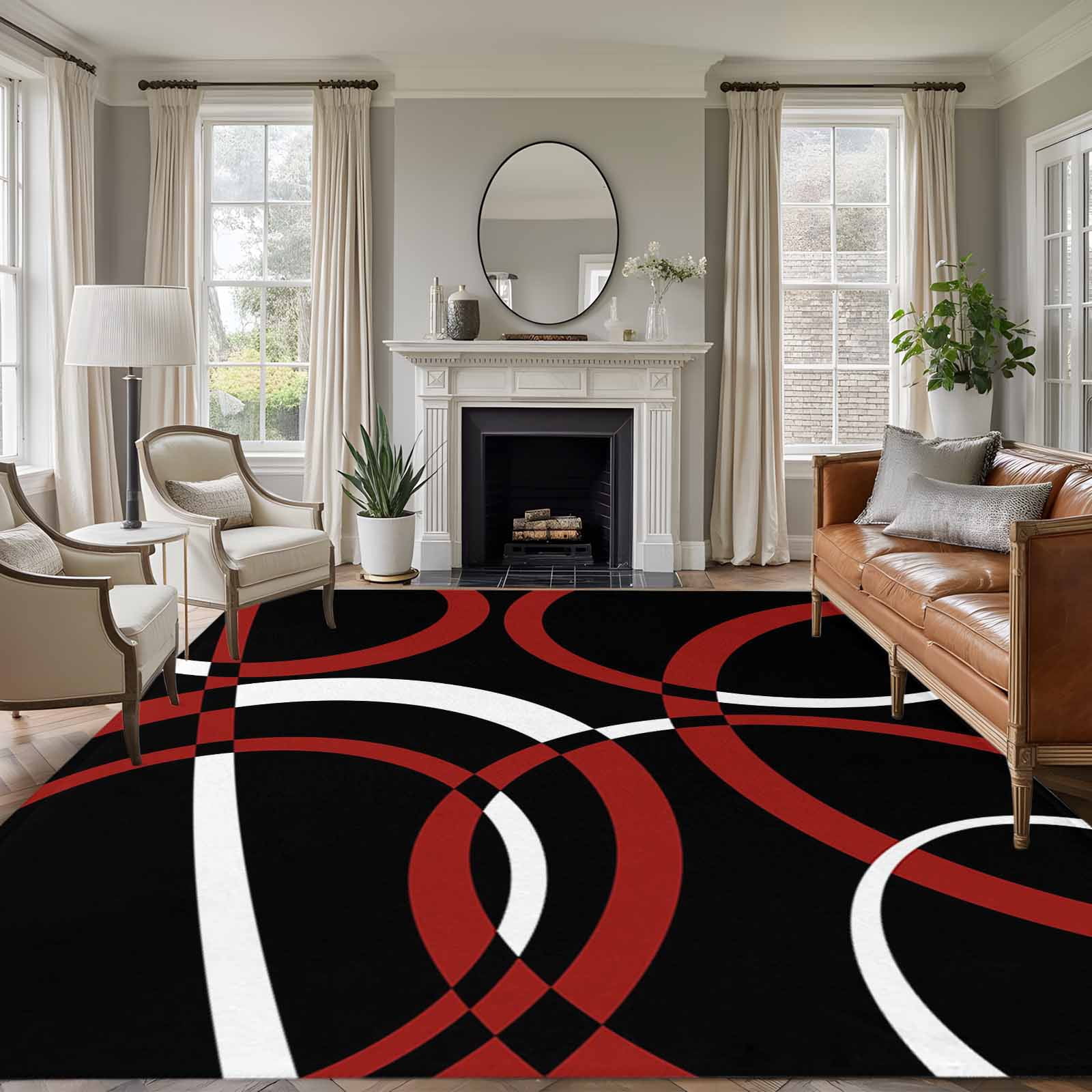 6x9 Area Rugs for Living Room, Red Geometric Non Slip Area Rugs for Kitchen Bedroom Entryway, Vintage Abstract Stripes Aesthetic Art Washable Carpet Runner Rug Floor Mats for Bedroom Home Decor