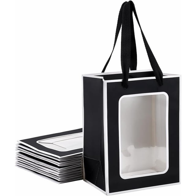 12 bolsas de regalo de papel kraft con ventana transparente, 7,9 x 5,9 x 4,1 pulgadas, con asas, color blanco y negro.