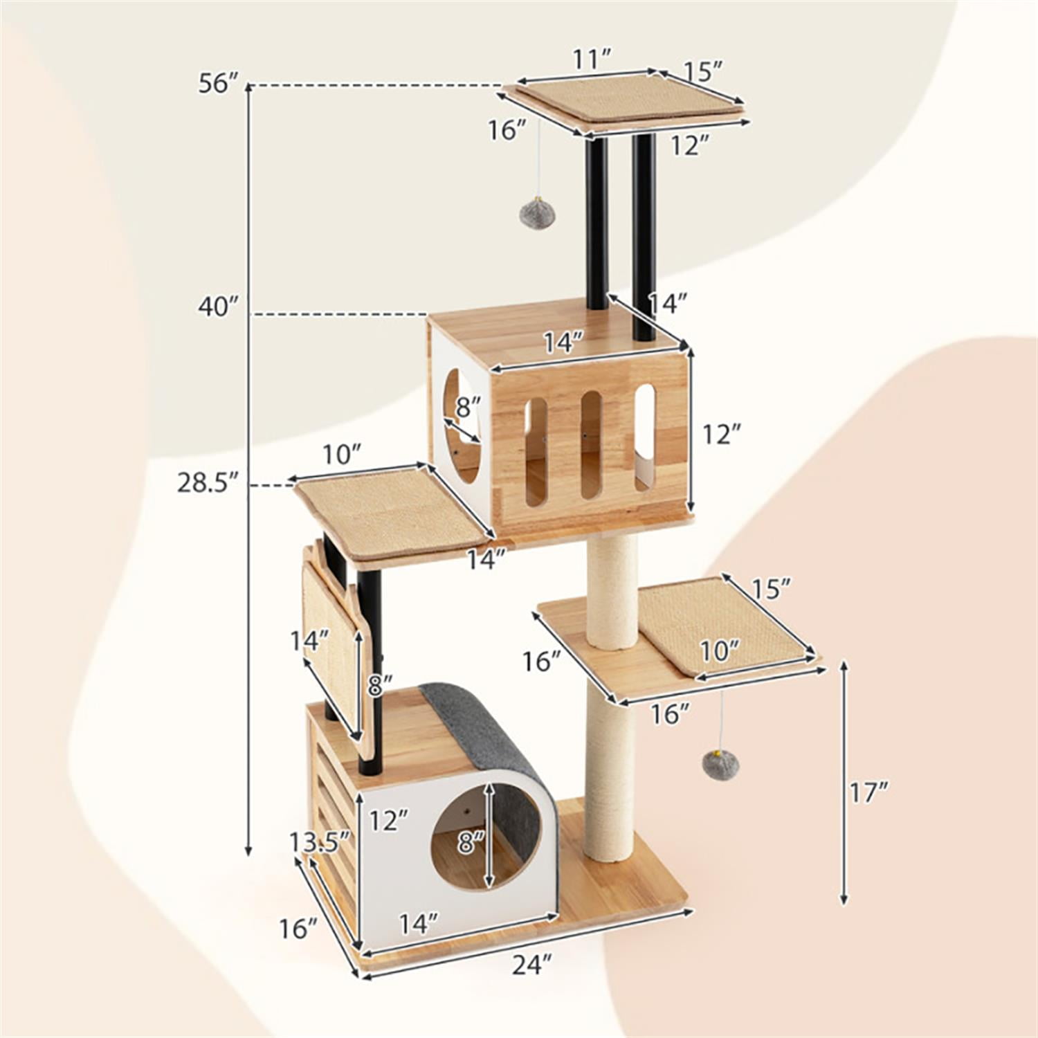 Kadyn 56" Modern Cat Tree with Toy, Cat Tower Condo for Indoor Cats with 2 Condos, Sisal Scratching Posts and Carpets, Beige