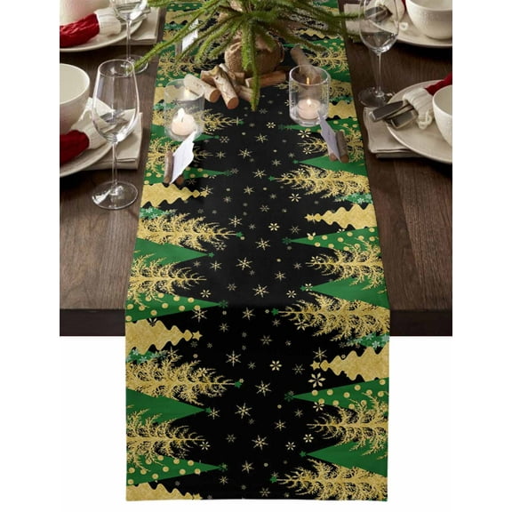Christmas Table Runner Green Gold Xmas Tree Table Runners Winter Snowflake Black Cotton Linen Dresser Scarf Kitchen Dining Table Decor for Christmas Holiday Party Decor 13x90 Inch