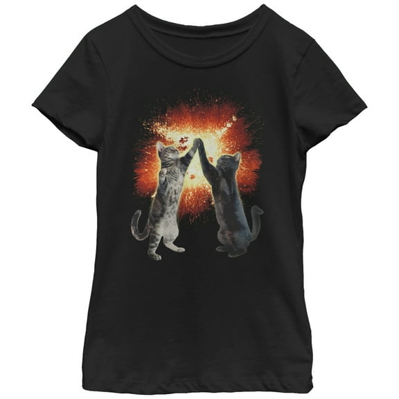 Girl's Lost Gods Cat High Five Explosion  Graphic Tee Black Small