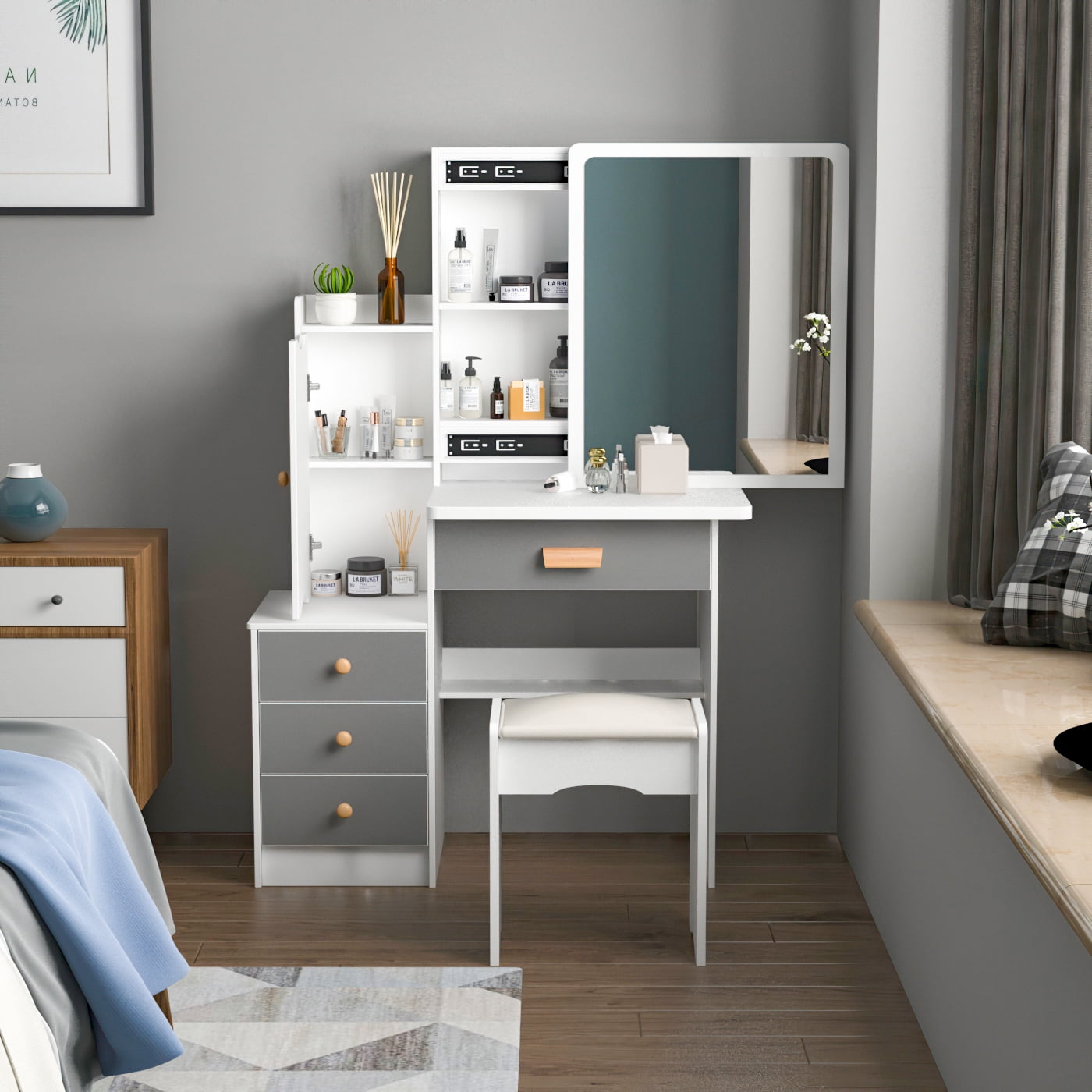 Grey GFW The Furniture Warehouse Hobson Dressing Vanity Table Set With Stool and Sliding Mirror 