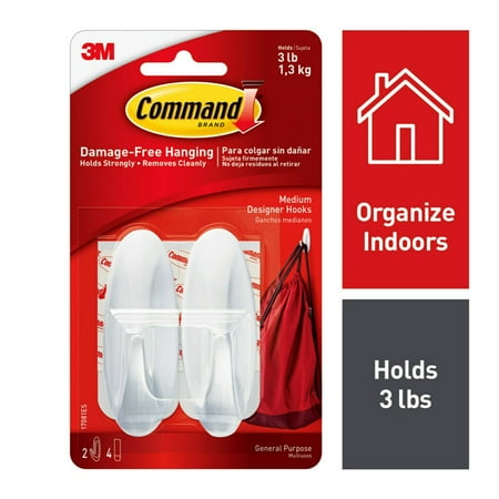 Command Medium Designer Hooks, White, 2 Wall Hooks