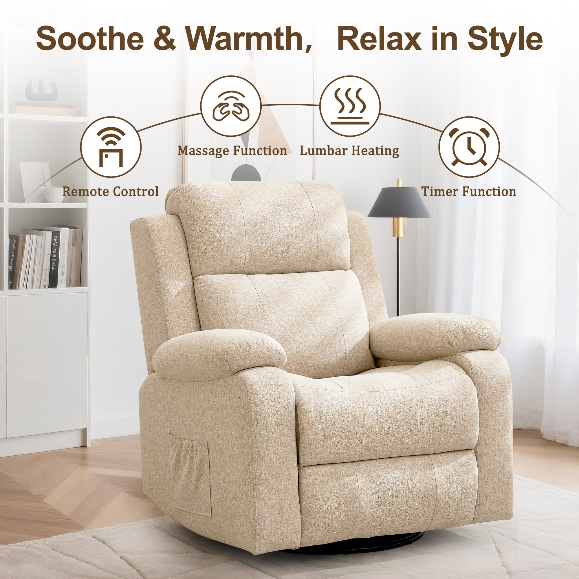 Korser Swivel Rocker Recliner Chair for Adults with Massage and Heat,Upholstered Manual Recliner with Side Pockets Glider Recliner for Living Room,Linen,Beige