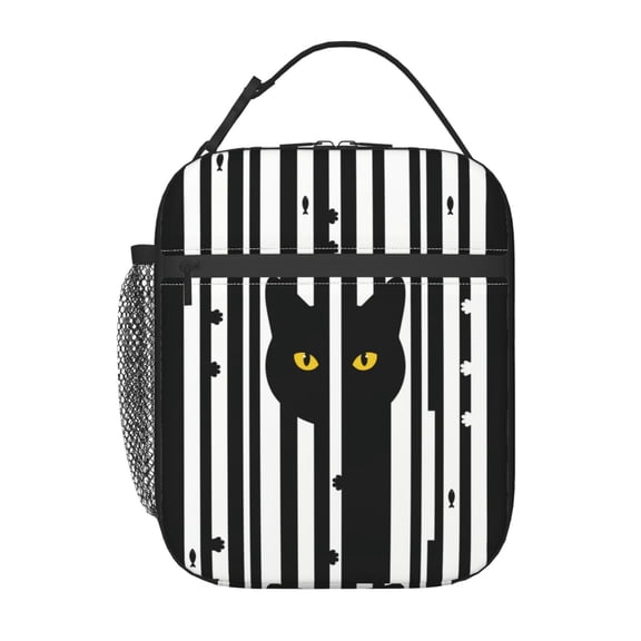 Cat Lunch Box Insulated Lunch Bag Reusable Lunchbox With Side Pocket,Black And White Striped Lunch Box,Waterproof Lunch Tote Bag For Women Men Work Office Picnic