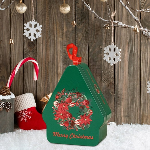 Christmas Themed Portable Candy Reusable Food Storage Container – Tinplate, Holiday Party/Cookie Exchange, Festive Decorative (B)
