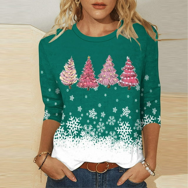 Puntoco Blusa de manga 3/4 con cuello redondo y estampado navideño para mujer