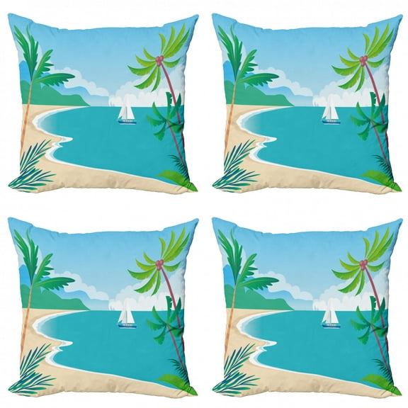 Graphic Beach Throw Pillow Cushion Case Pack of 4, Seascape Graphic of Cartoon Tropical Coast Palm Trees and Sailboat, Modern Accent Double-Sided Print, 4 Sizes, Multicolor, by Ambesonne