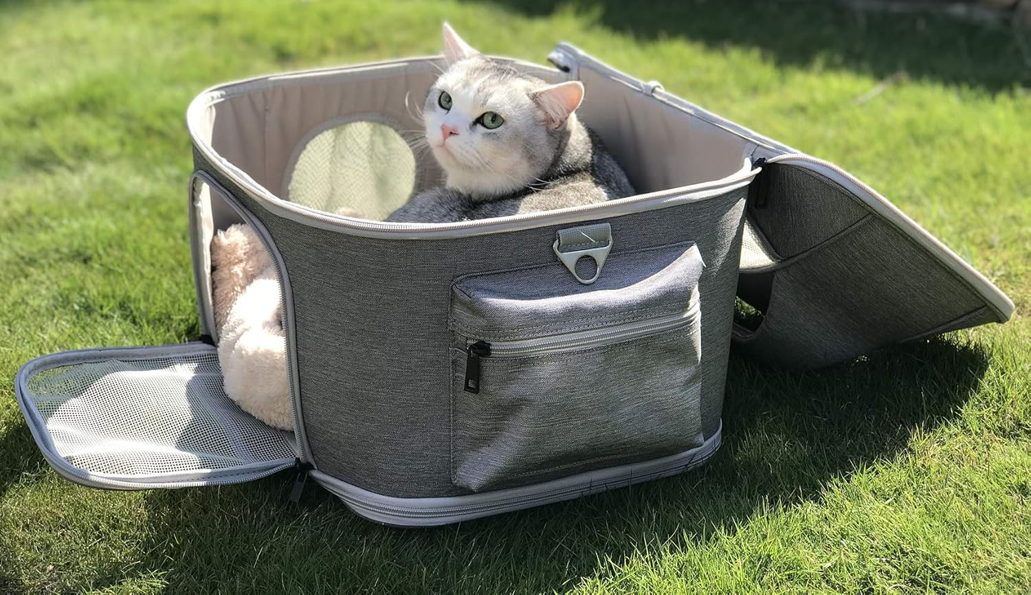 Pet Carrier for Large Fat Cats and Small Dog, Fits up to 20 pounds Car Seat Travel Carrier, Collapsible Indoor Outdoor Soft Side Carrier Bed House Airline Approved Under Seat