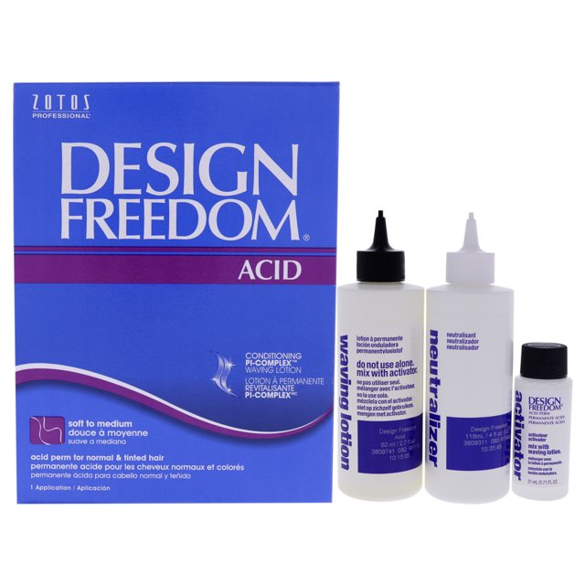 zotos tratamiento design freedom acid permanente 1 application zotos zotos tratamiento 1 application Caja frontal azul Design Freedom Acid de Zotos con la palabra 'ACID' en blanco y morado, acompañada a la derecha por tres botellas: loción onduladora con boquilla negra, neutralizador con boquilla blanca y pequeña botella de tratamiento; indica procesamiento natural para rizo más suave o procesamiento con secador para rizos más firmes.