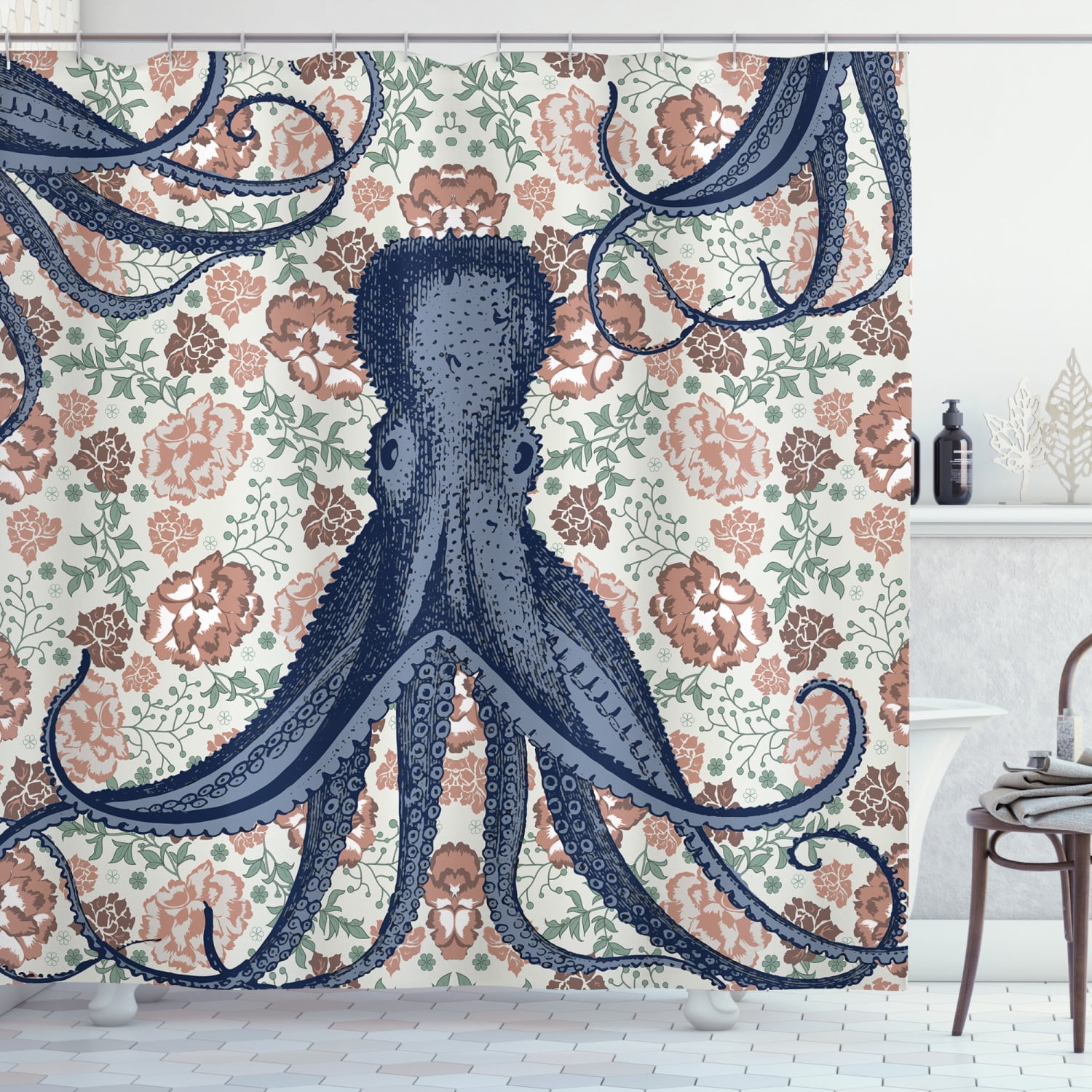 Retro Painting Red Giant Octopus Cthulhu Waterproof Polyester Shower Curtain Set 