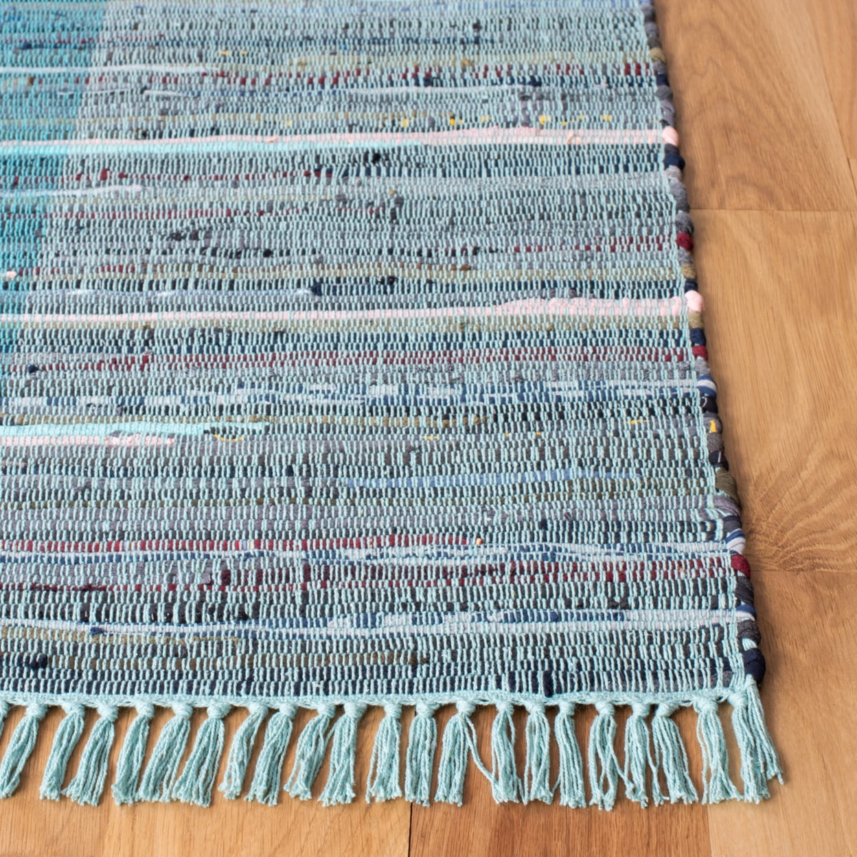SAFAVIEH Rag Romeo Striped Fringe Cotton Area Rug, Light Blue/Grey, 6' x 9'