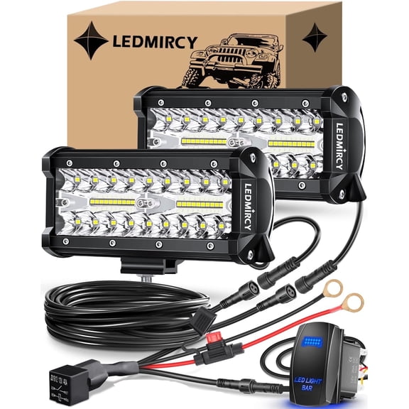 LEDMIRCY 7 inch LED Light Bar Kit with Rocker Switch Wiring Harness 2PCS LED Pod Lights Triple Rows White Spot Flood Combo Beam Off Road Lights for Truck ATV SUV UTV Boat
