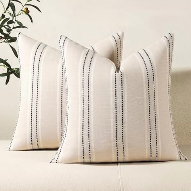 Chenchen Decorative Navy Pillow Covers 18x18 Striped Throw Pillows Textured Linen Pillow Covers Farmhouse Decor Cushion Covers for Couch Bed Living Room, Navy