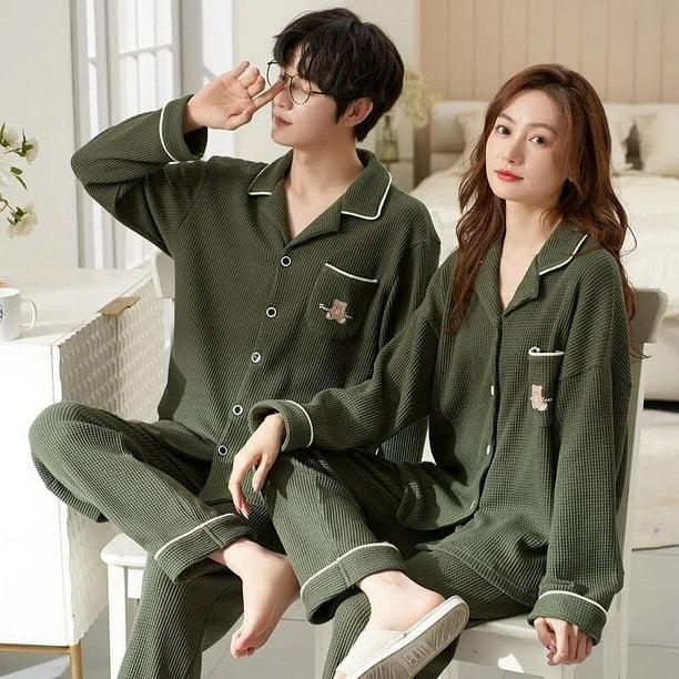 Pijamas de algodón para hombre y mujer, ropa de dormir con cuello vuelto, pantalones de manga larga, conjuntos de pijama sólidos, Otoño e Invierno