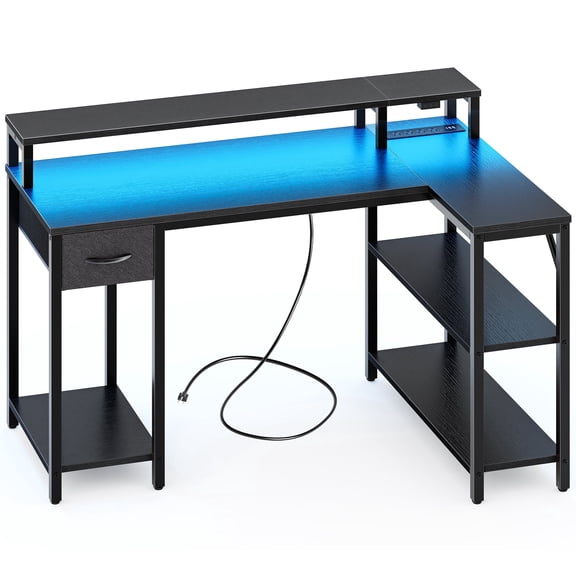 Amadwell 47 Inch L Shaped Desk with LED Strip, Corner Gaming Desk with Power Outlet, Drawer & Shelves