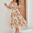 thumbnail image 3 of Femmes Plage Midi Robe Florale Imprimé Puff Manches Mode Été Plissée Robe, 3 of 7