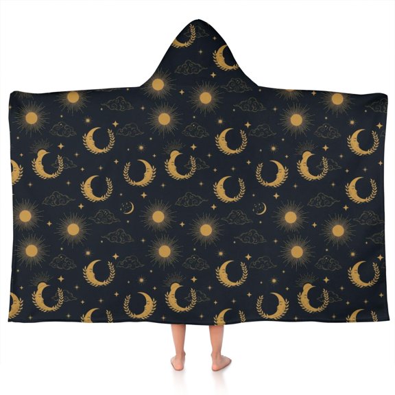 Dark Blue Sun Moon Wreath Pattern Hooded Bath Towel,50"x30" for Ages 3 To 12 Kids, Quick Dry Lightweight Soft Microfiber Hood Beach Towel Cover Up for Kids