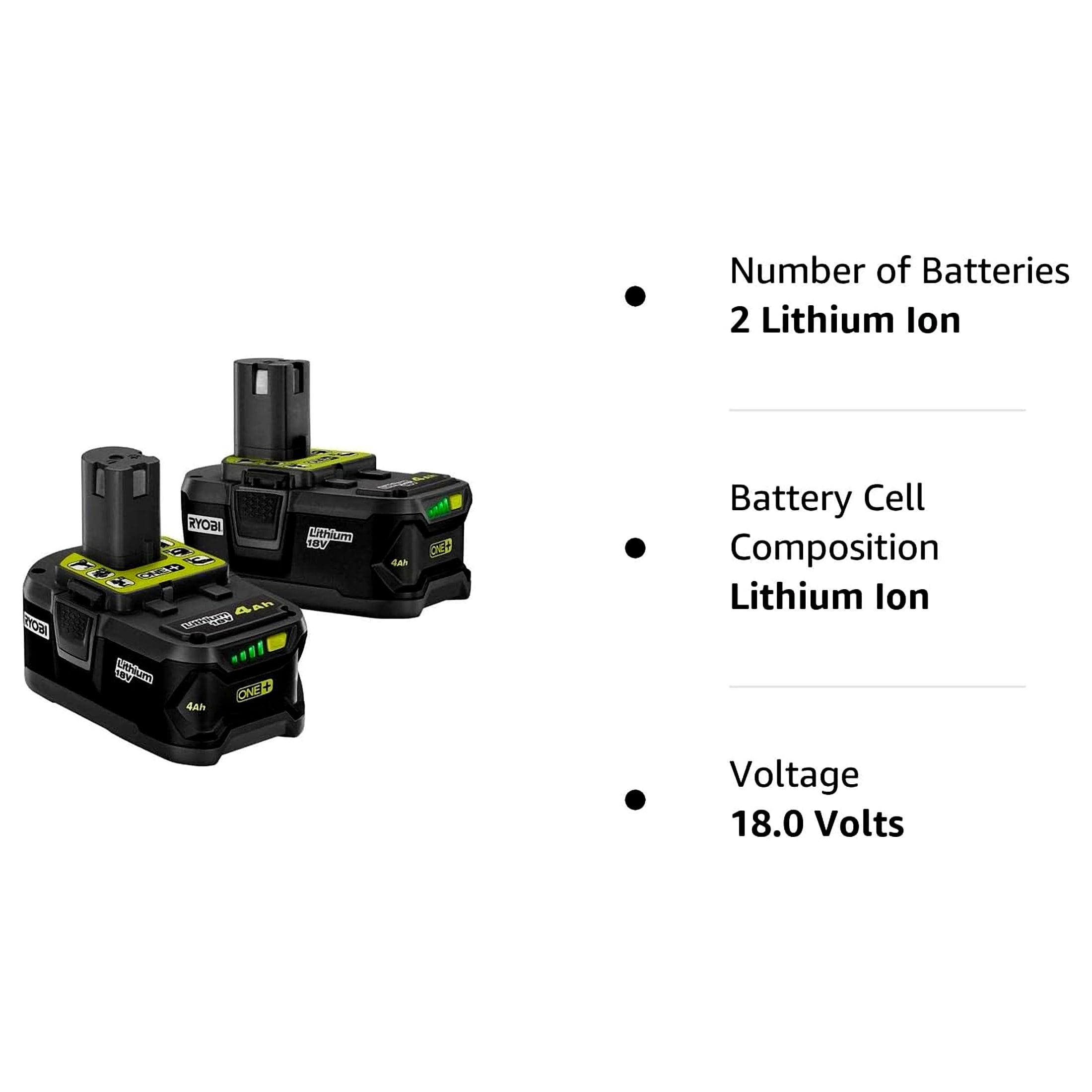 RYOBI ONE+ 18V 4.0 Ah Power Tool Battery, 2 Pack