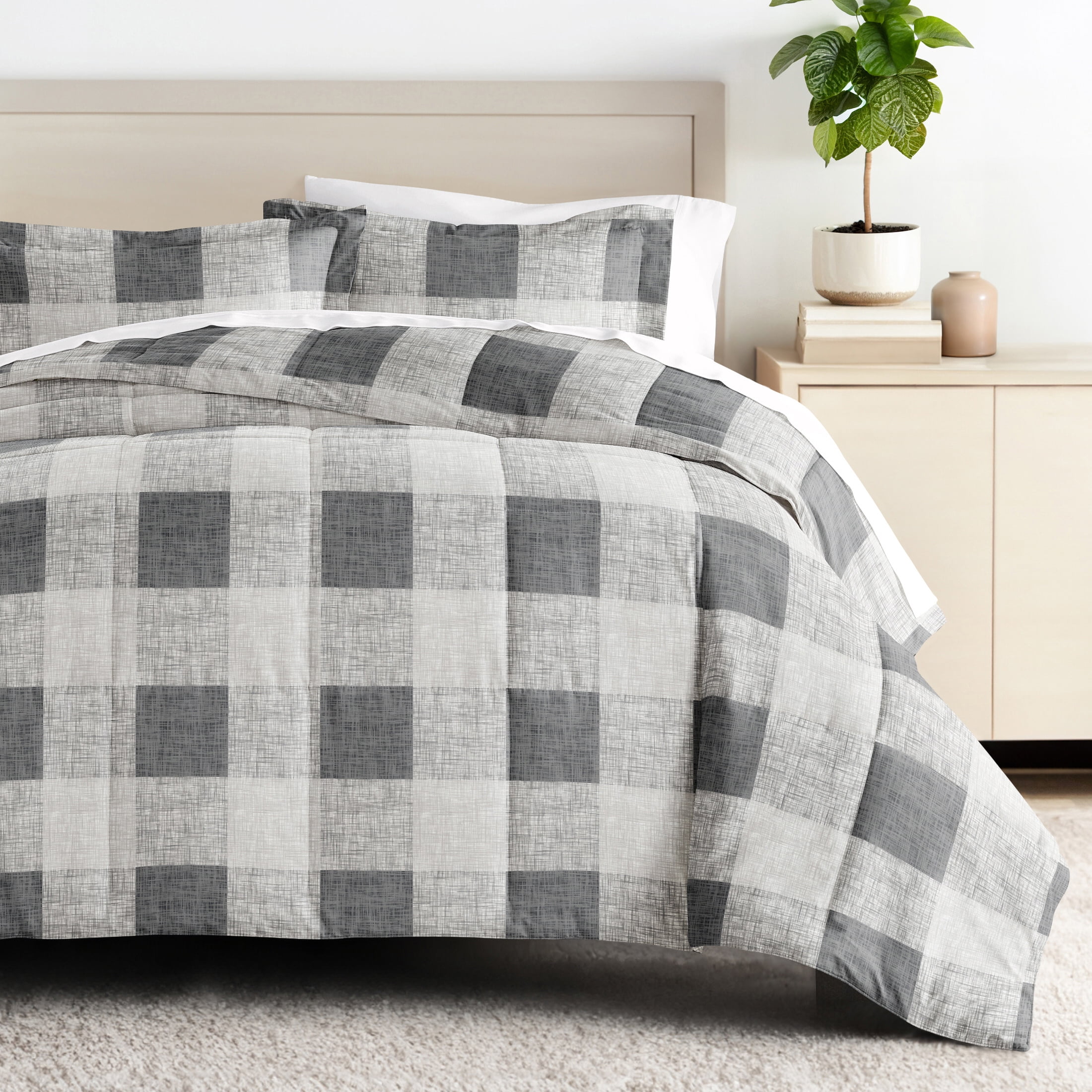 All Season Ultra Soft Comforter Set Down-Alternative Bedding in Gray Plaid Gingham for King/Cal King by Comfort Canopy