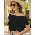 thumbnail image 2 of SWSMCLT Women's Off the Shoulder Blouse Short Sleeve Shirt Cool Top Cute Elasthane Falbala 2025 Frill Holiday Black Large, 2 of 5