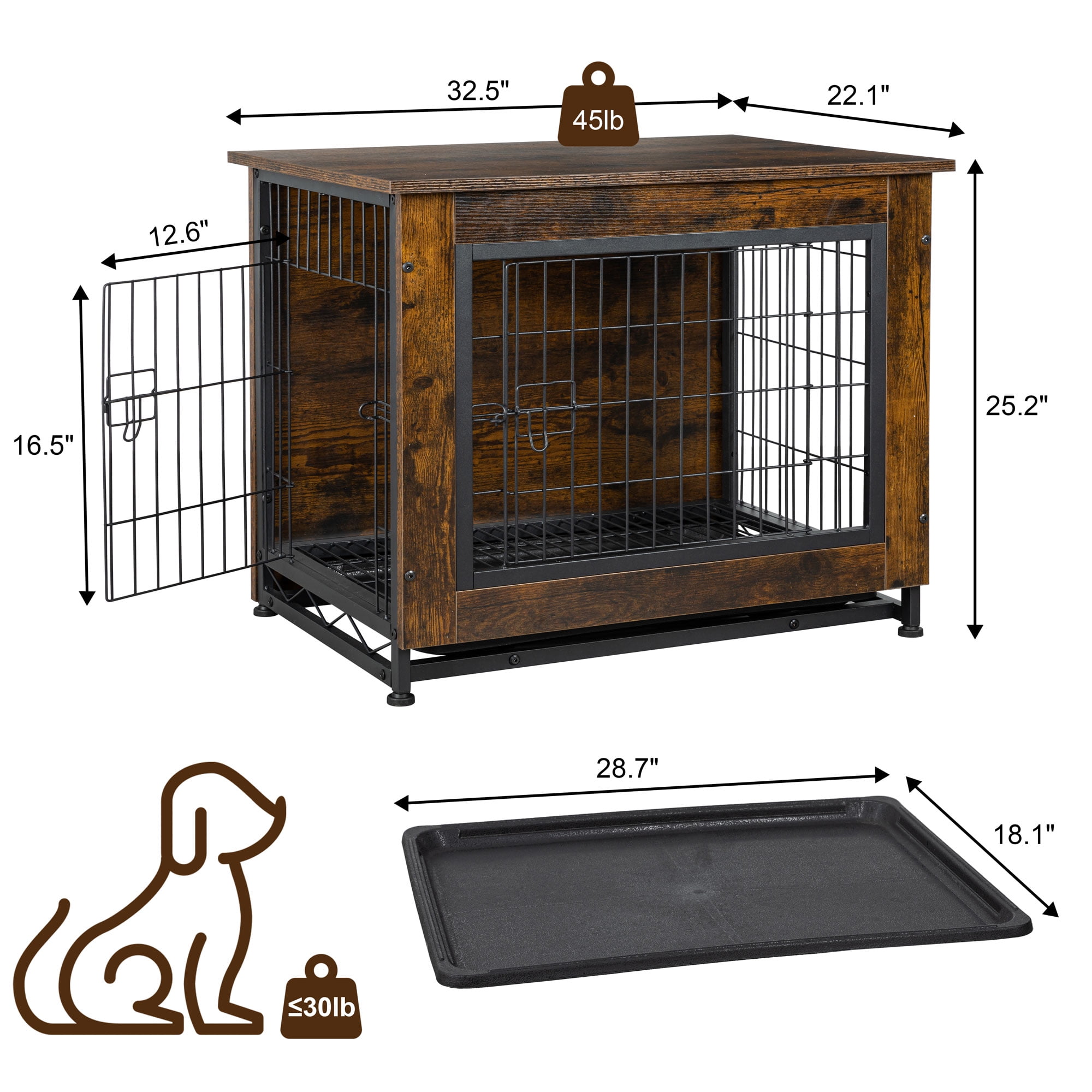 Walsunny Wooden Dog Crate Furniture,Double-Doors Kennel Indoor with Divider and Removable Tray,End Table Dog Crate for Decoration 32.5"L x 22.0"W x 25.0"H，Brown