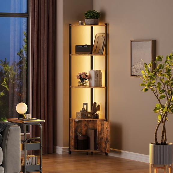 CazToi 58" 5-Tier Corner Shelf Stand with LED Lights Narrow Metal Frame Bookshelf with Storage Rack Display Shelf
