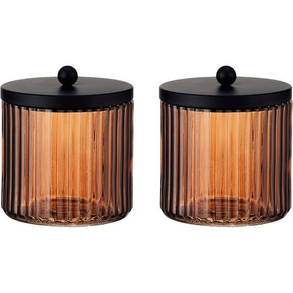 2-Pack Glass Qtip Holder Dispenser Set for Cotton Ball, Swab, Round Pads, Floss Picks with Matte Black Metal lid - Bathroom Canister Storage Organization and Vanity Makeup Organizer (Brown)