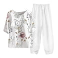 thumbnail image 2 of Ladies&nbsp;2&nbsp;Piece&nbsp;Summer&nbsp;Outfits,Womens Bohemian Cotton Linen Outfits Fashion Print Elbow Sleeve Tops Casual Lounge Pants Summer Beach 2 Piece Sets, 2 of 3