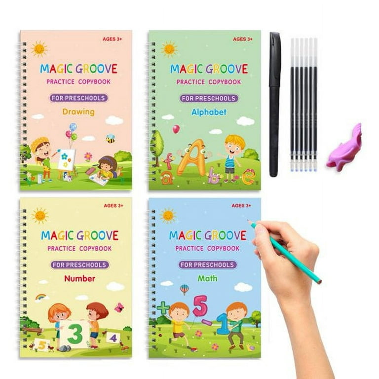  Magic Practice Copybook,Writing Practice Book,Magic Copy Books  for Kids Copying Exercises,Grooves Workbooks to Help Children Improve Their  Handwriting Ink Practice Age 3-8(4 Books+Pens) : Office Products