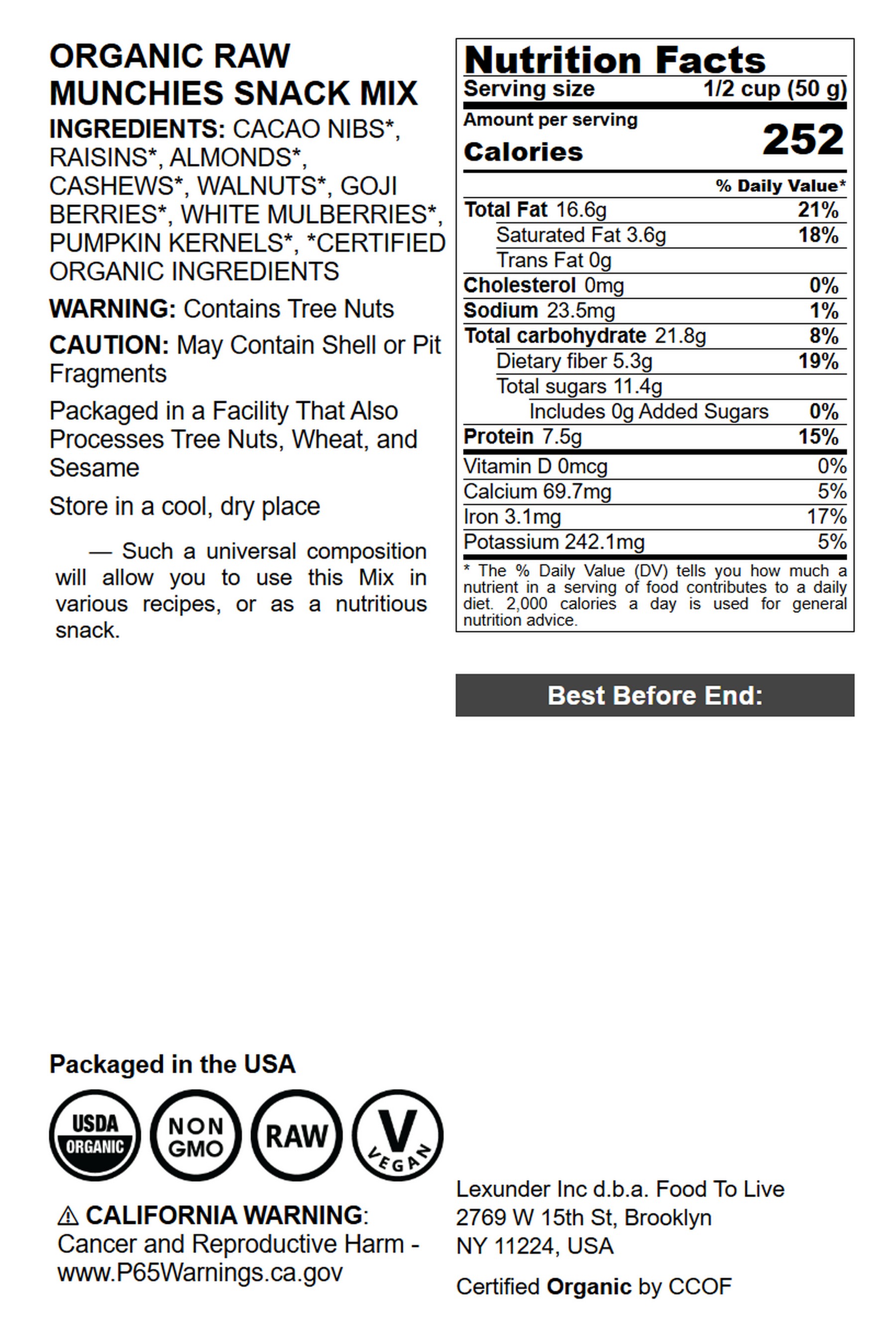 Organic Raw Munchies Snack Mix, 1 Pound - Non-GMO, Raw, Vegan - by Food to Live