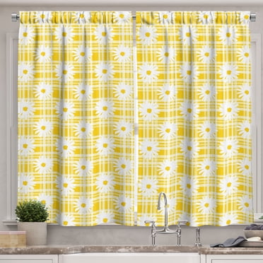 Ambesonne Yellow and White Kitchen Curtains, Country Picnic, 55"x45 ...