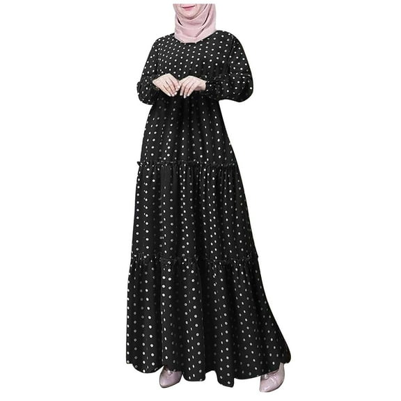 Levmjia Womens Bohemian Dress Long Sleeve Round Neck Loose Flowy Party Gown Casual Elegant Muslim Holiday Maxi Dress with Ruffle Multi Color Options