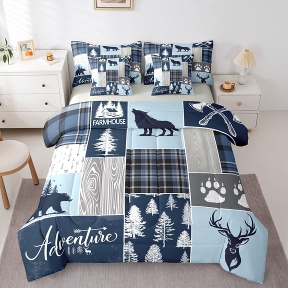 Feelyou Adventure Twin Bedding Sets 7pcs, Blue Plaid Bedding Comforter Set