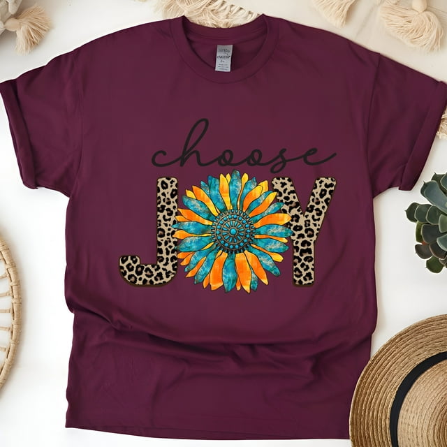 Choose Joy Leopard Print Sunflower Christian T-Shirt, Maroon, Size M