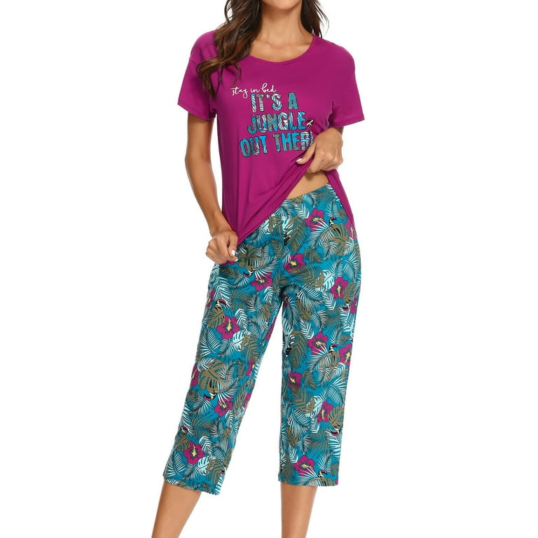 Cute Floral Print Pajamas, Short Sleeve Pajama Top & Pajama Pants, Women's  Loungewear & Sleepwear
