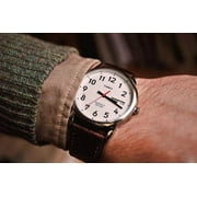 Timex Men's Easy Reader 35mm Day-Date Watch – Silver-Tone Case White Dial with Dark Brown Leather Strap