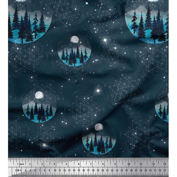 Soimoi Moss Georgette Fabric Tree,Moon & Sacred Geometry Galaxy Printed Fabric 1 Yard 42 Inch Wide
