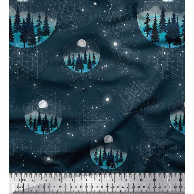 Soimoi polyester Crepe Fabric Tree,Moon & Sacred Geometry Galaxy Print Fabric by Yard 42 Inch Wide