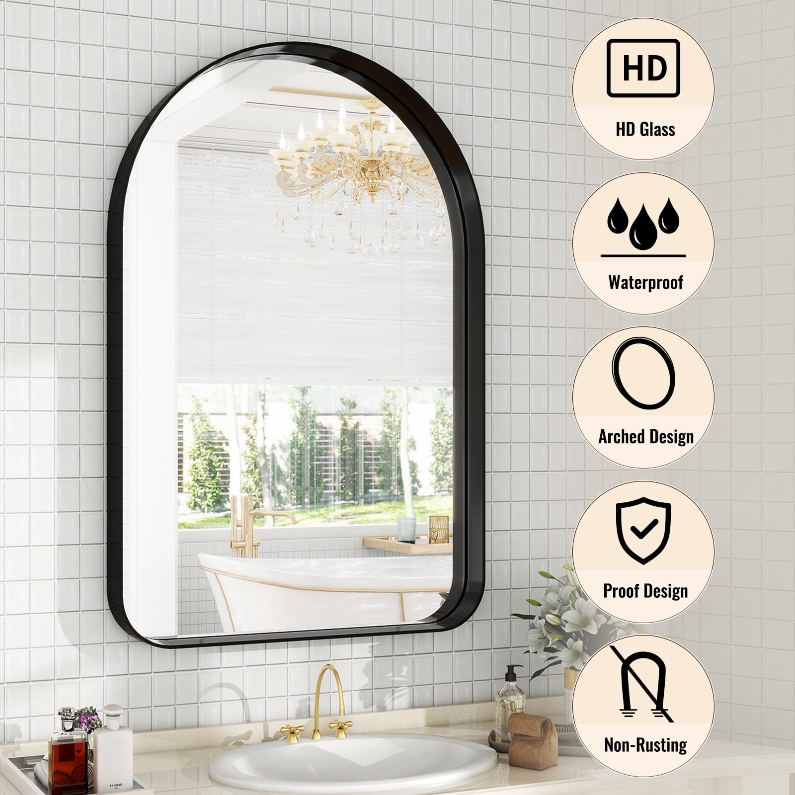 Gleamira 26"x38" Arched Bathroom Mirror Wall-Mounted Mirror with Deep Frame, Black