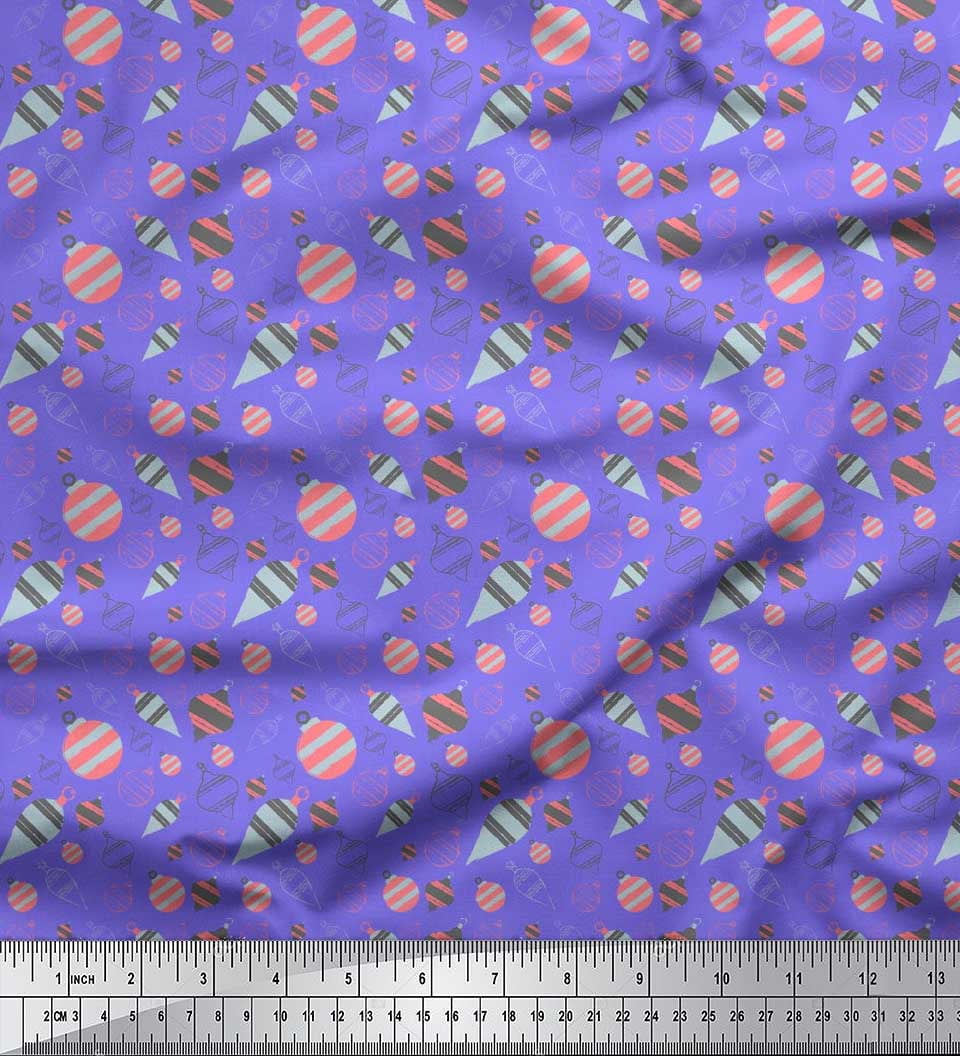 Soimoi Purple Heavy Satin Fabric Baubles Christmas Printed Fabric 1 Yard 54 Inch Wide
