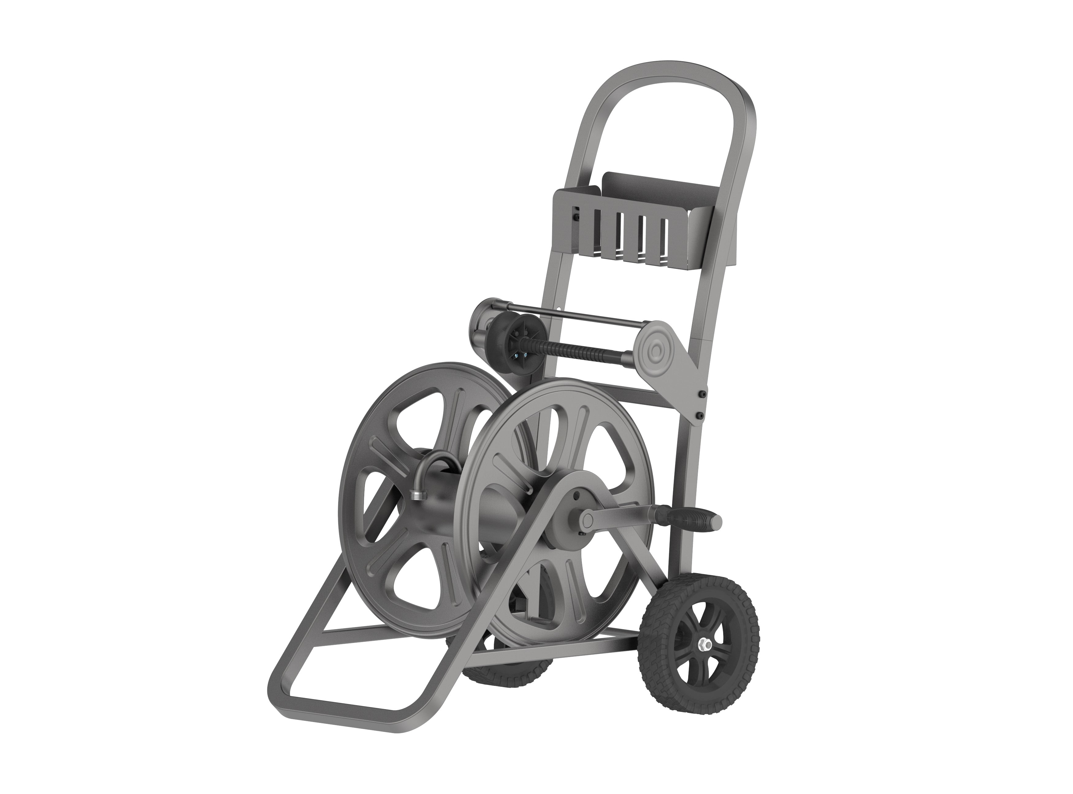 Gray Steel Mobile Garden Hose Cart with Basket