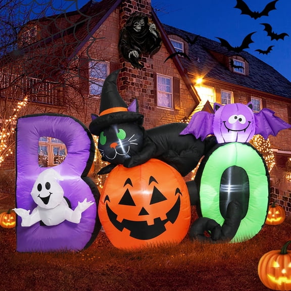 MUMTOP 6 FT Long Halloween Inflatables Outdoor Decorations, Pumpkin Inflatable with Lighted Ghost, Black Cat and Bat, Blow Up Decoration for Halloween Party, Yard, Garden, Lawn
