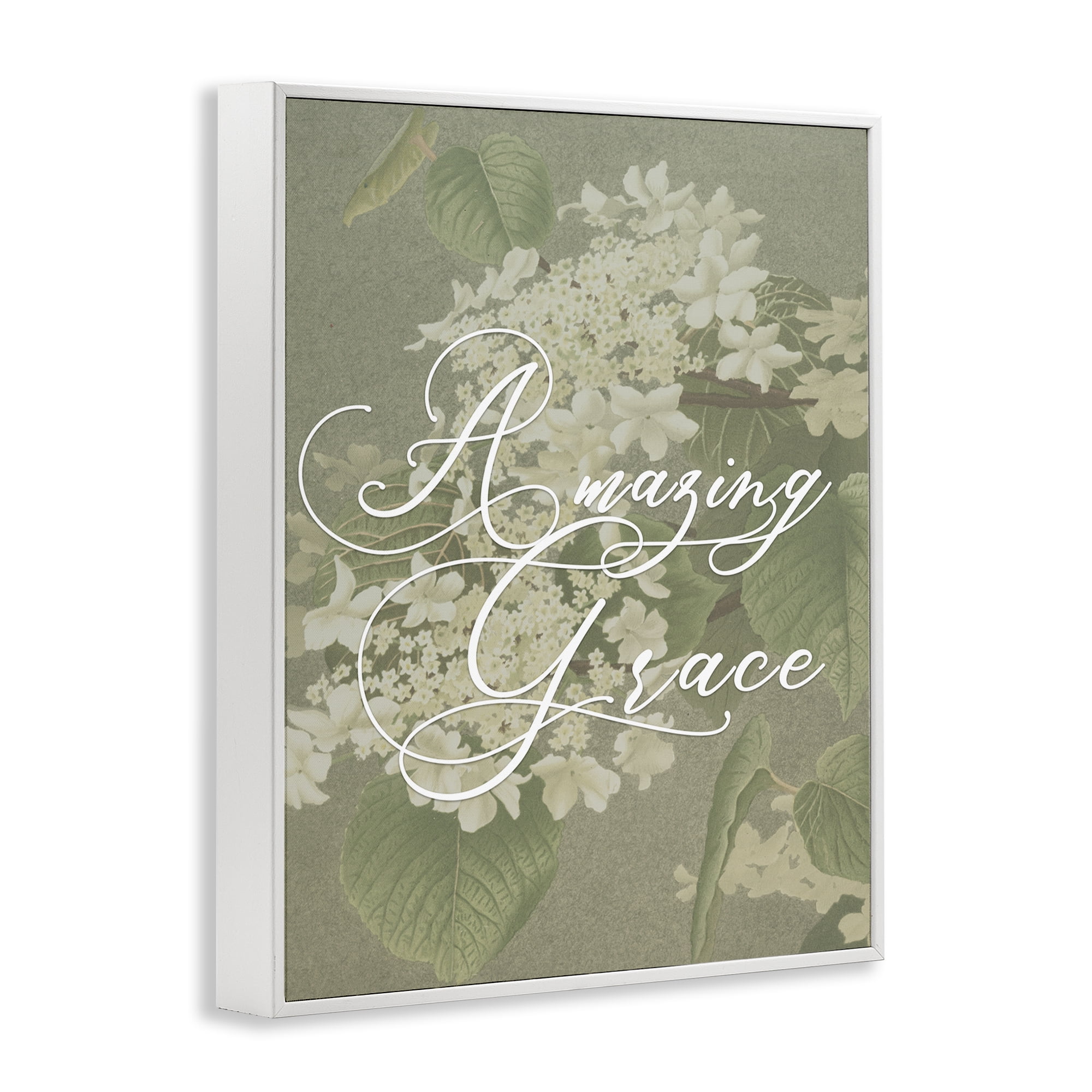 Amazing Grace Phrase Vintage White Flower Blossoms White Framed Giclee Art, 11 x 14, By Lil' Rue