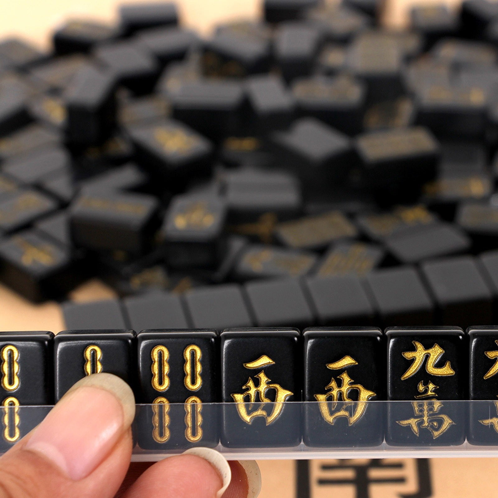 Mahjong Set, Mini Portable Travel Mahjong Tiles Set, Compact Black Mahjong Game with Gold Characters, Melamine Mahjong Set for Family Gatherings Parties