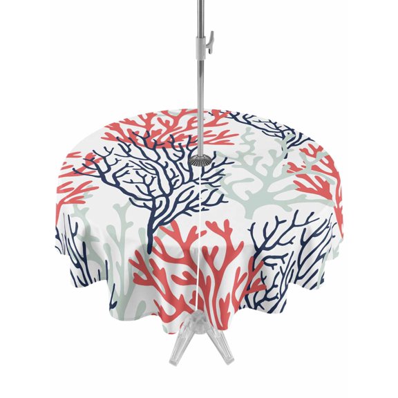 Outdoor Table Cloth with Umbrella Hole and Zipper, Red Navy Blue Coral Coastal Waterproof Round Tablecloth 60 Inch, Summer Beach Seaside Nautical Washable Table Cover for Outside Party Patio Picnic